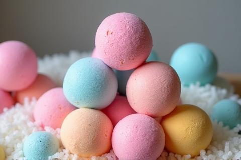 Stack of round, colorful handmade bath bombs on a textured surface