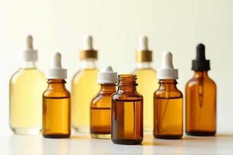 Various amber and clear bottles filled with essential oils, labeled with names