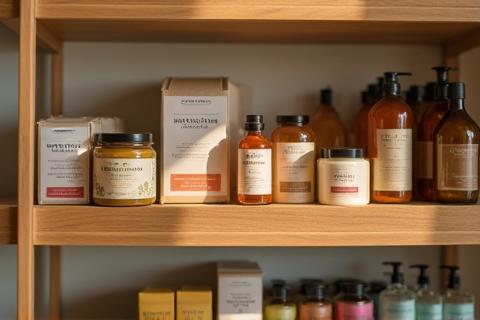 Shelf displaying beautifully packaged handmade cosmetics including jars and bottles