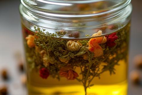 Dried herbs and flowers steeping in clear oil in a glass jar for infusion
