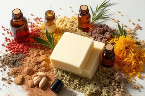 Aesthetic arrangement of natural ingredients like shea butter, various clays, dried flowers, and essential oil bottles
