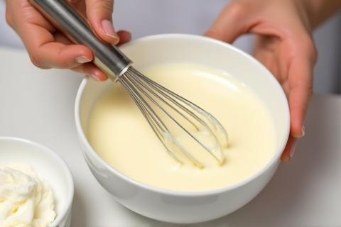 Close-up photo showing hands using a whisk to whip body butter in a bowl