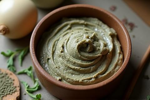Bowl containing a thick, creamy natural mud mask mixture, ready for application