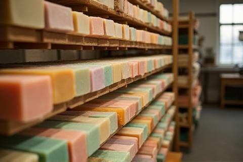 Rows of colorful handmade soaps curing on wooden racks in a workshop