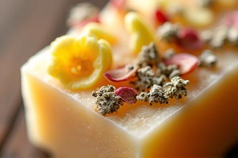 Macro close-up of a handmade soap bar showing its natural texture and embedded botanicals