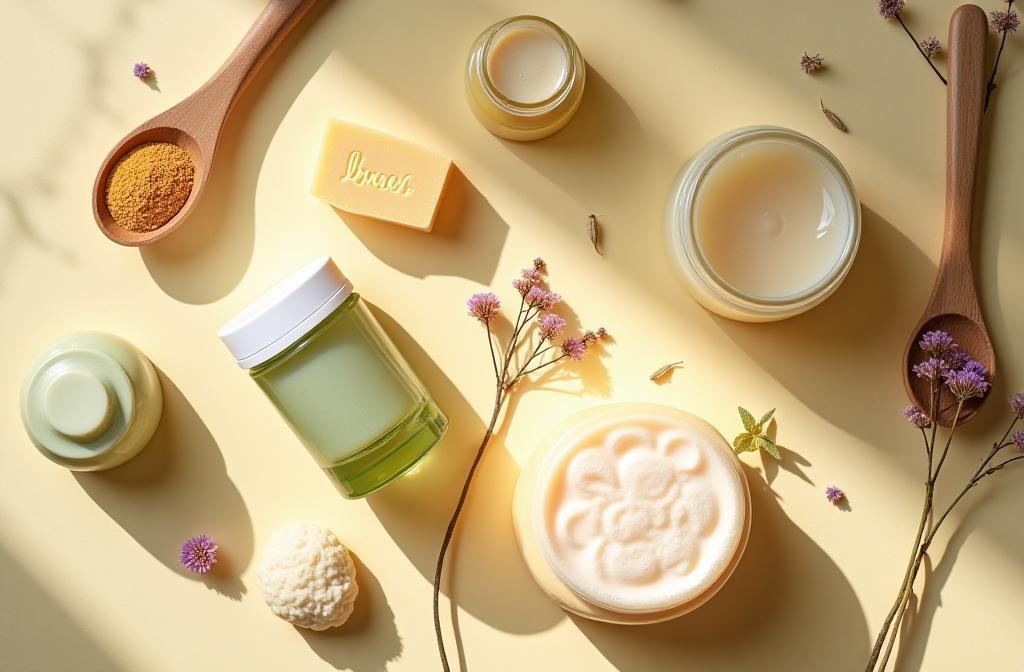 Beautiful arrangement of handmade soaps and skincare products with natural ingredients including dried flowers and wooden spoons