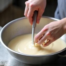 Hands mixing natural soap batter in a stainless steel bowl during the crafting process