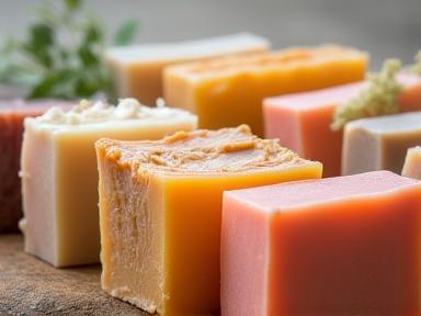 Assortment of colorful handmade soap bars with various textures on a wooden surface