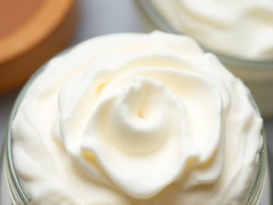 Rich, creamy whipped body butter in a clear glass jar with a wooden lid