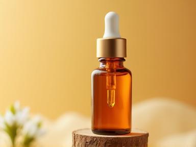 Small amber glass bottle of face serum with a dropper, placed on a wooden surface